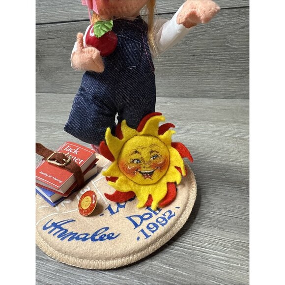 Annalee Doll Society Logo 1992 School Girl Denim Overalls Books Apple Sun Pin - Picture 3 of 12